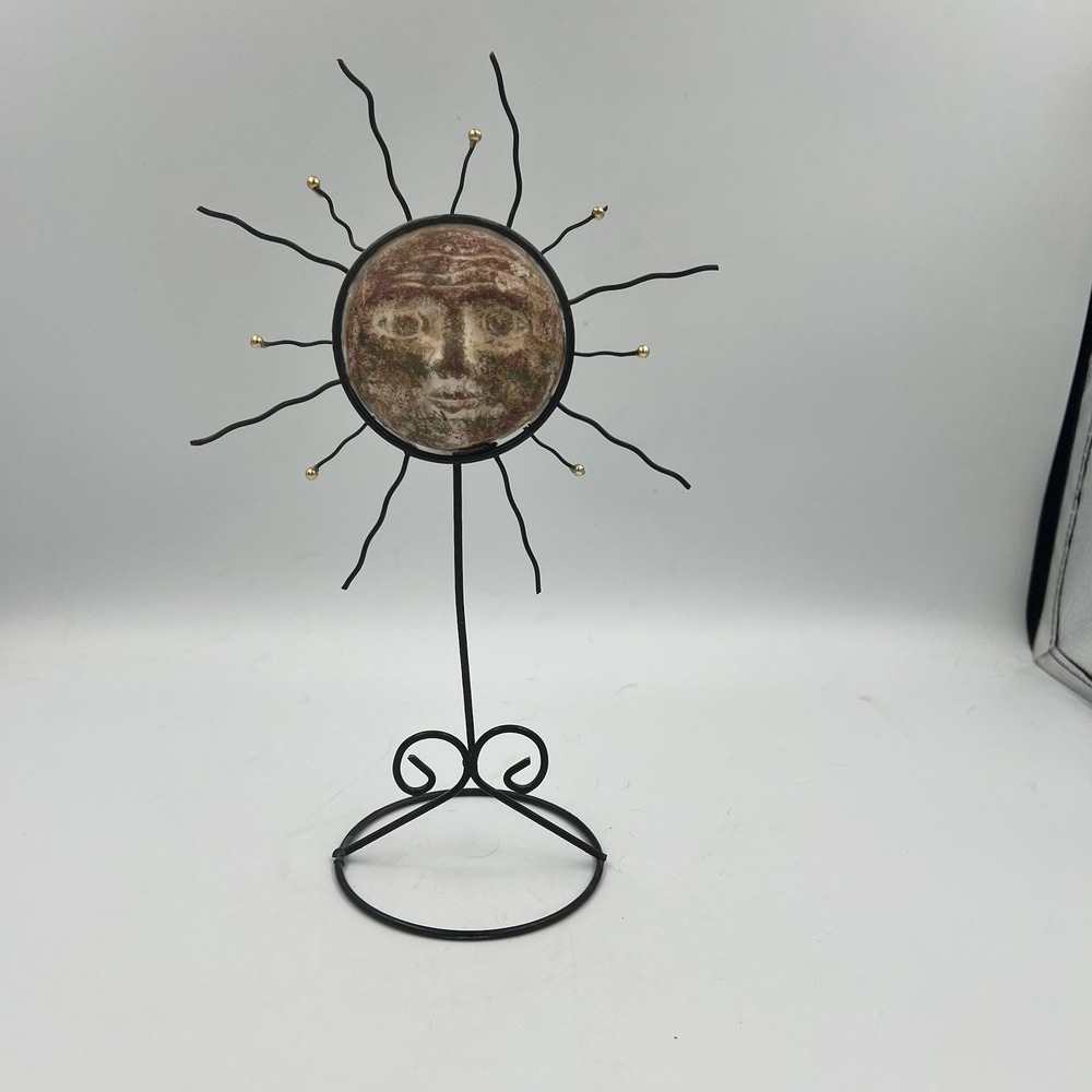 Vintage 90s Y2K Celestial Sun Face Metal And Clay Stand Whimsigoth Mystical